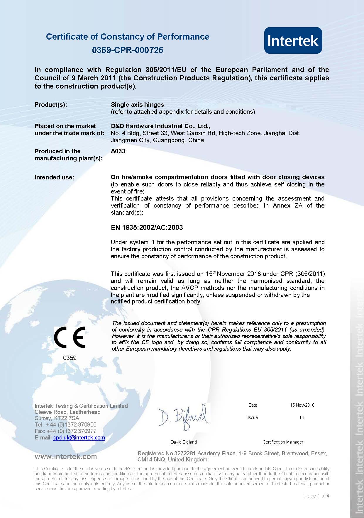 Certification du matériel D&D Hinge-DD Hinge- 