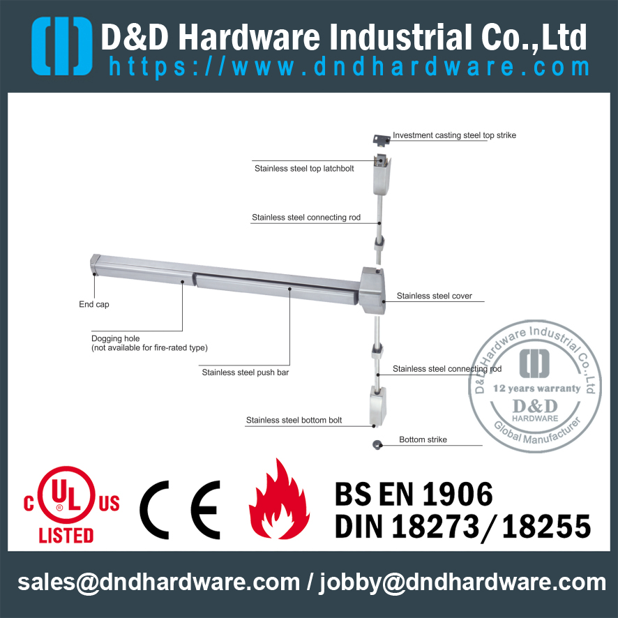 Dispositif de sortie de porte à double porte anti-panique coupe-feu SS Cross Bar-DDPD022