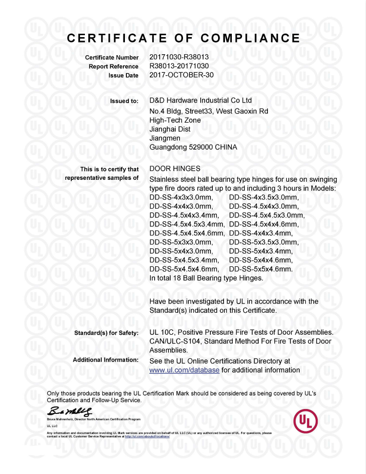 D&D Hardware- ul Certification R38013-18 Tailles au total 