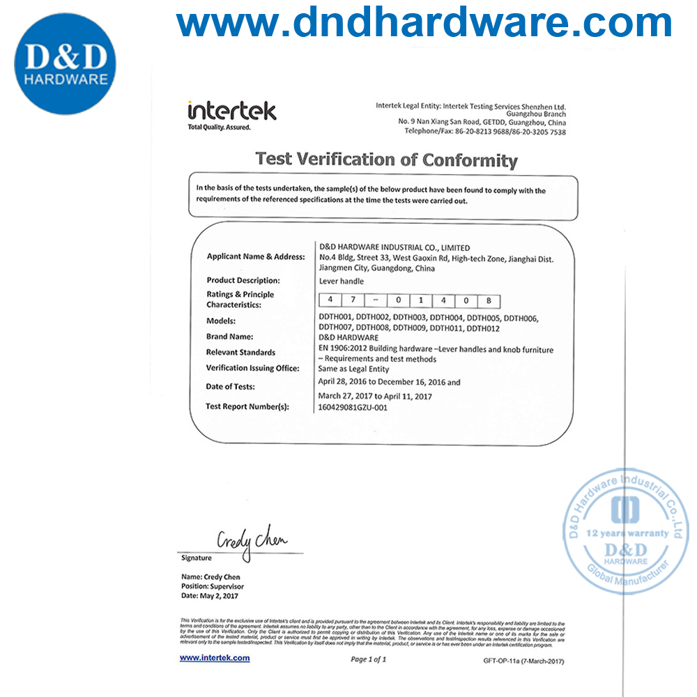 Certification du matériel Handle-D & D