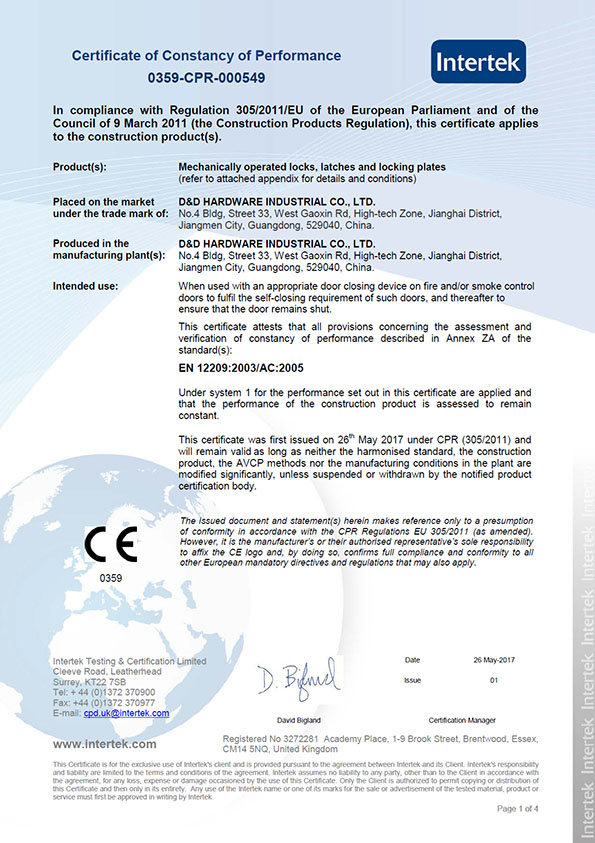 CE EN12209 LOCK-D & D HARDWARE-P1