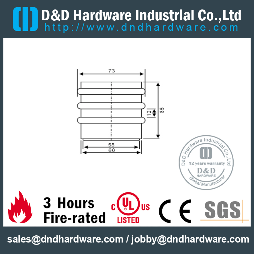 Support de porte au sol cylindrique en acier inoxydable avec 3 anneaux en caoutchouc pour Fire Door-DDDS054