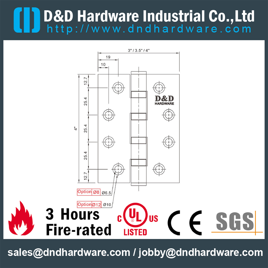 Charnière de porte coupe-feu UL 4BB SS304-DDSS003-FR-4x3.5x3.0mm