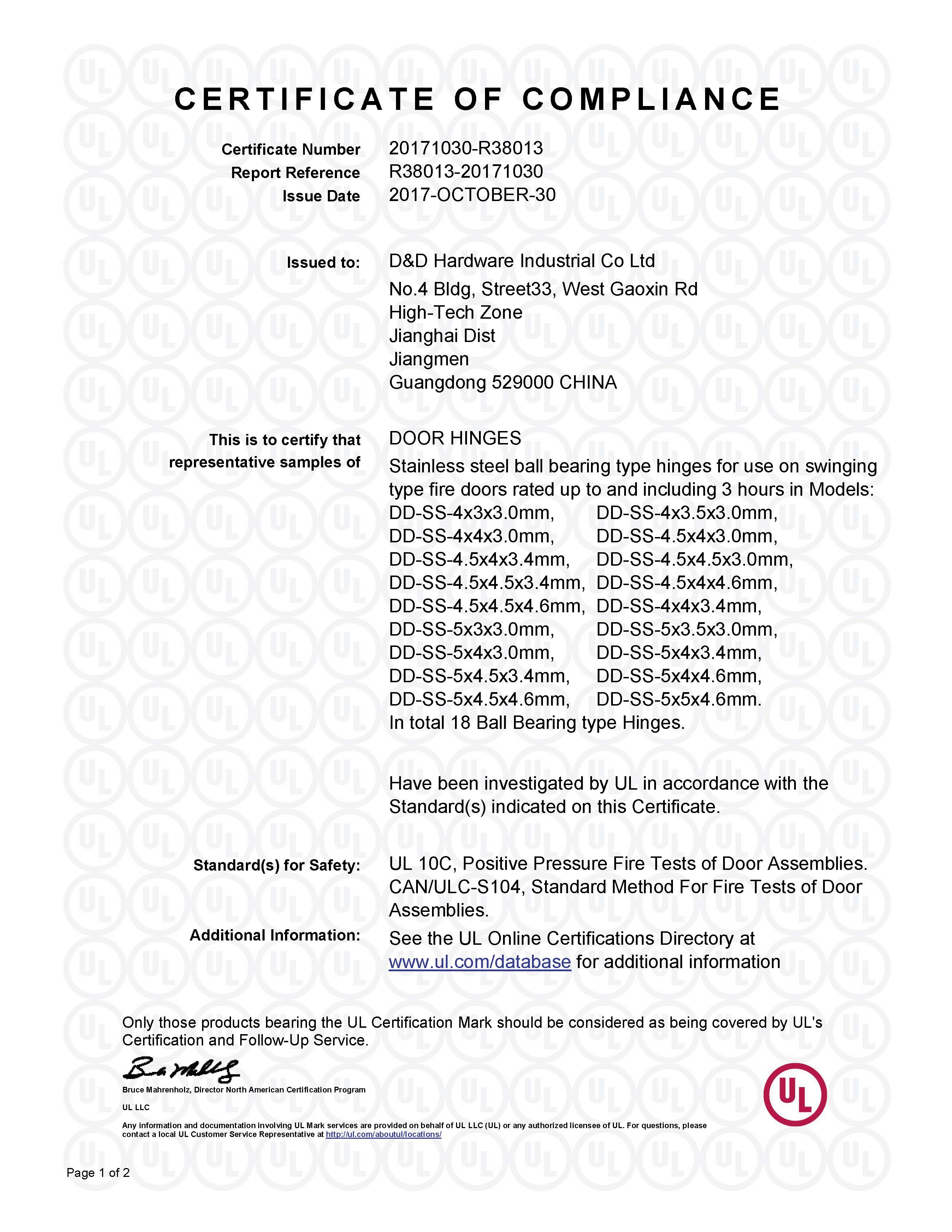 D & D UL HINGE-R38013 Certificat