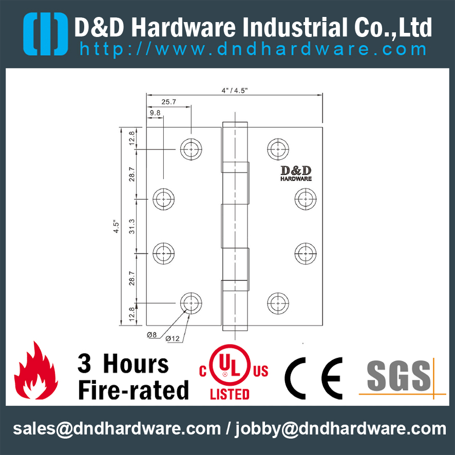 Charnière 2BB résistante au feu SS316 UL-DDSS002-FR-4.5x4.5x3.0mm