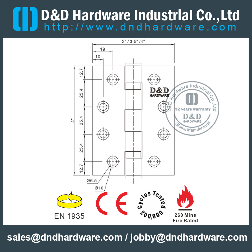 Charnière-DDSS001-4x3.5x3.0mm de porte 2BB évaluée par le feu SS304 CE