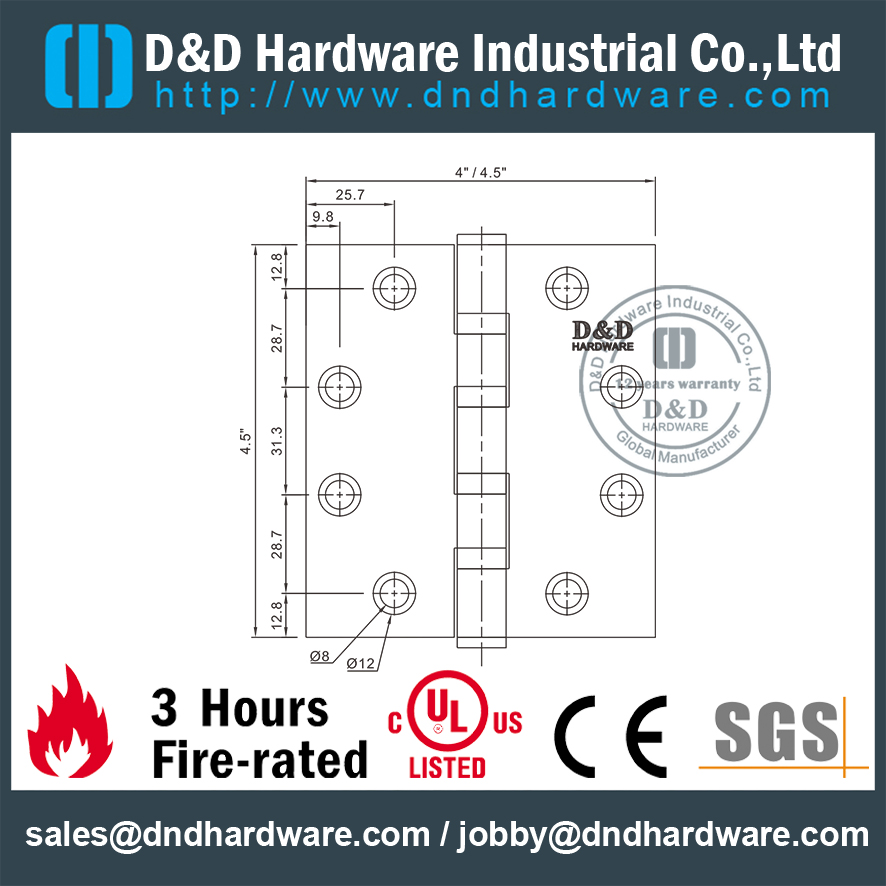 Charnière de porte coupe-feu UL 4.5" pour porte en acier-DDSS004-FR