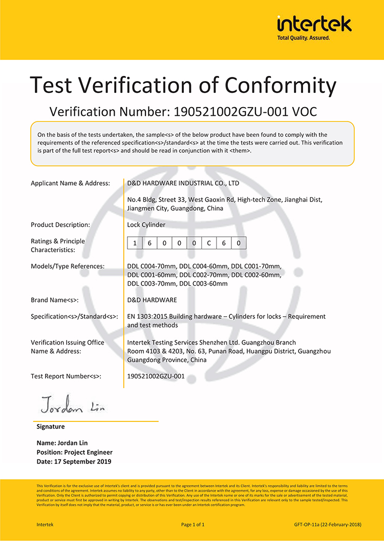 Cylindre D & D Hardware-Lock en 1303 Certificat_1