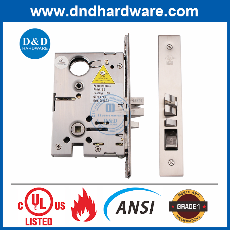 Serrure à mortaise de porte d'entrée ignifuge en acier inoxydable 304 UL ANSI Grade 1-DDAL04 F04