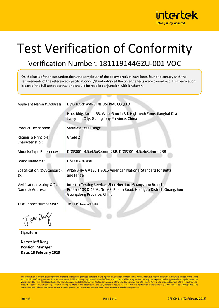 D & D Hardware- ANSI Certificat de charnière de la porte de la catégorie 2