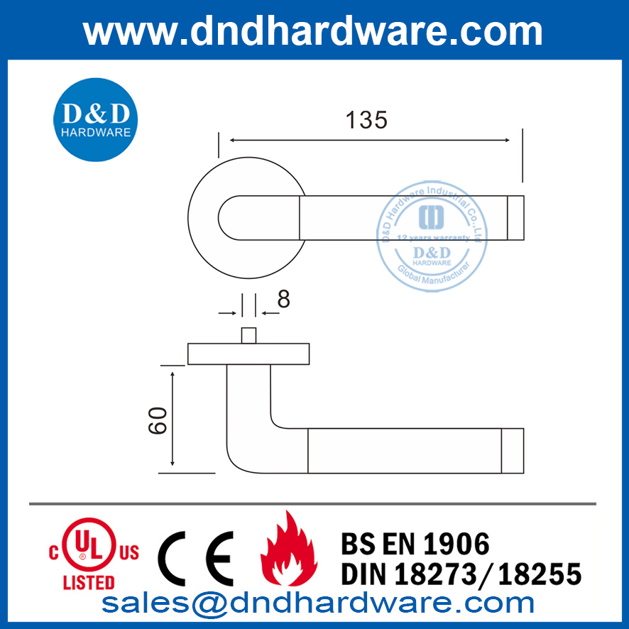 Levier de porte à tube creux en acier inoxydable droitier-DDTH021