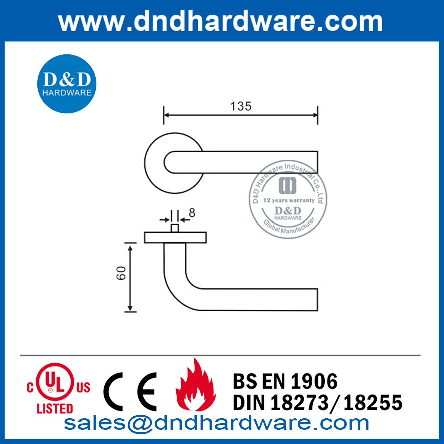 EN1906 Poignée de porte à levier droit en acier inoxydable de grade 4-DDTH002