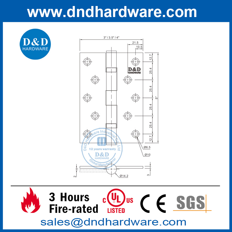 Charnière de porte coupe-feu en acier inoxydable 304 UL pour porte extérieure-DDSS005-FR