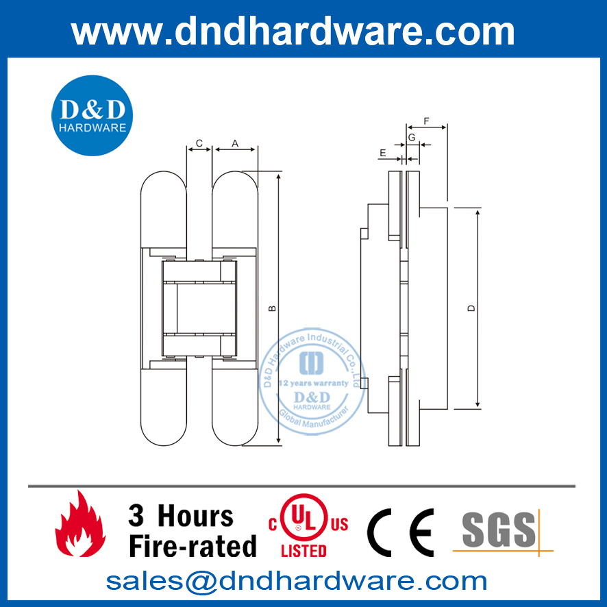 Charnière cachée 3D en alliage de zinc argenté pour porte en bois - DDCH008-G40