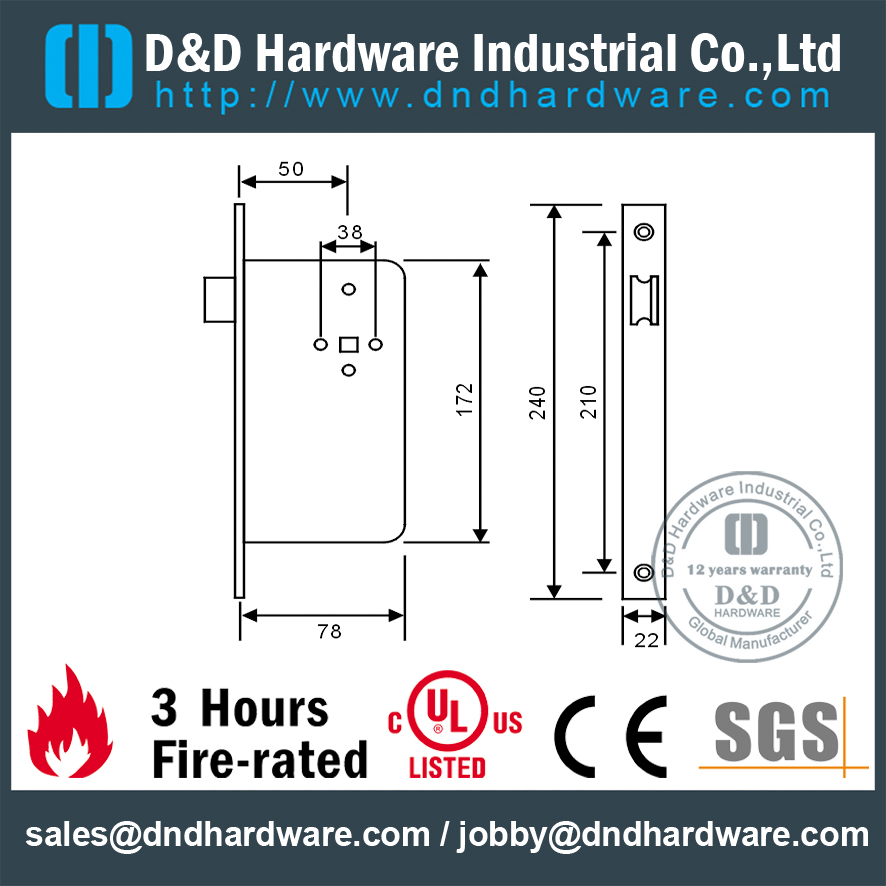 Serrure à mortaise à passage pour porte battante-DDML003 en acier inoxydable