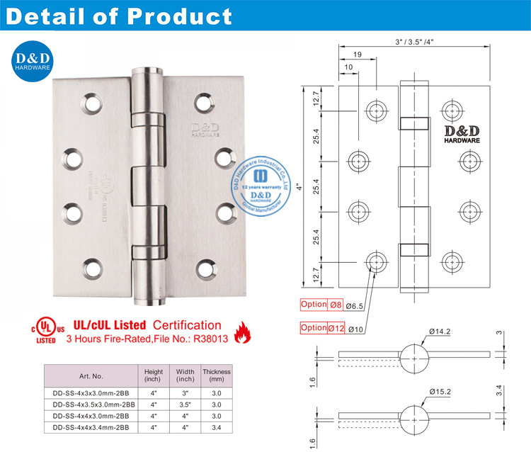 UL Listé à la porte de feu Hinge-D et D Hardware 