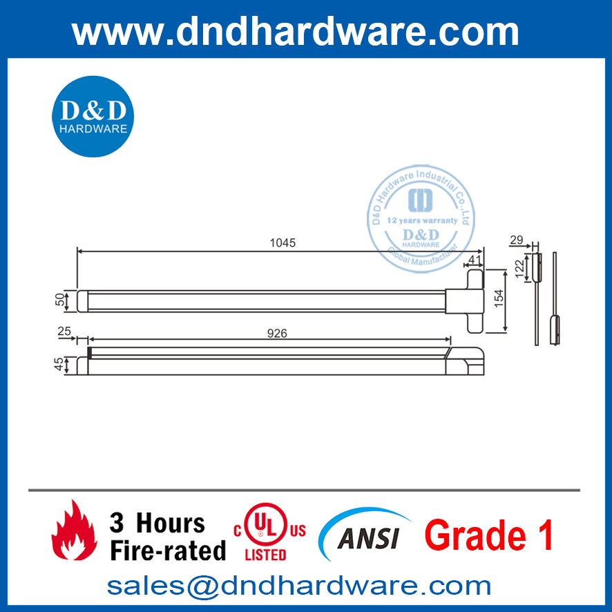 Dispositif de sortie de tige verticale de barre de porte de sécurité coupe-feu en acier ANSI Grade 1-DDPD006