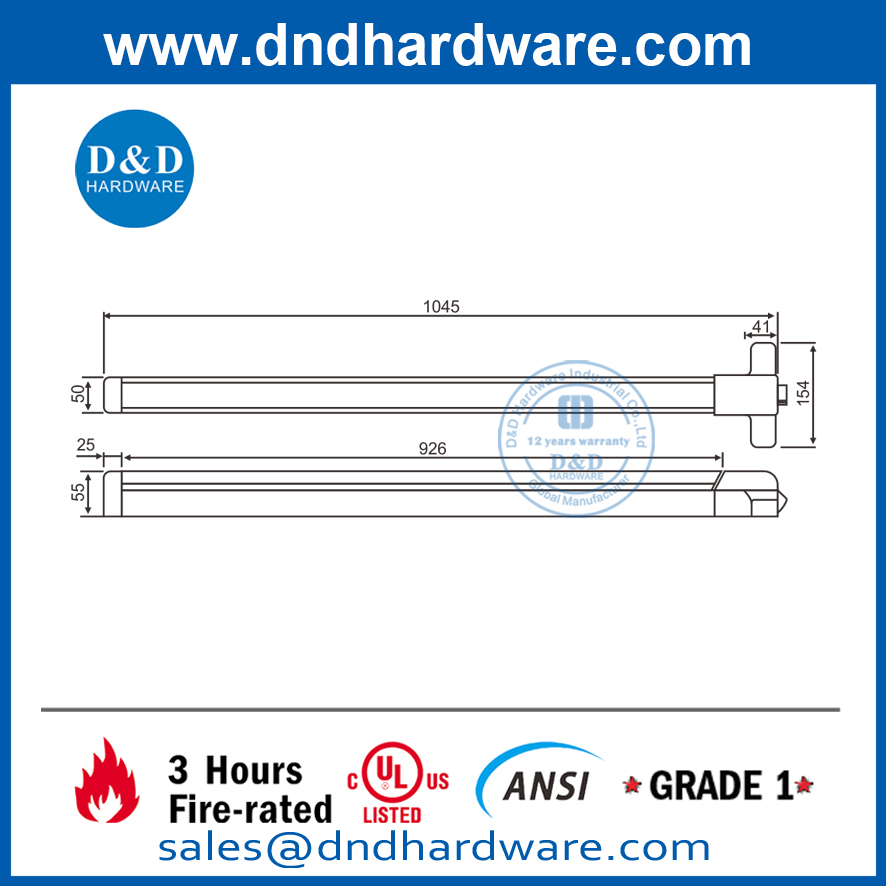 UL ANSI Grade 1 SUS304 Barre de poussée de sortie d'incendie de jante DDPD005