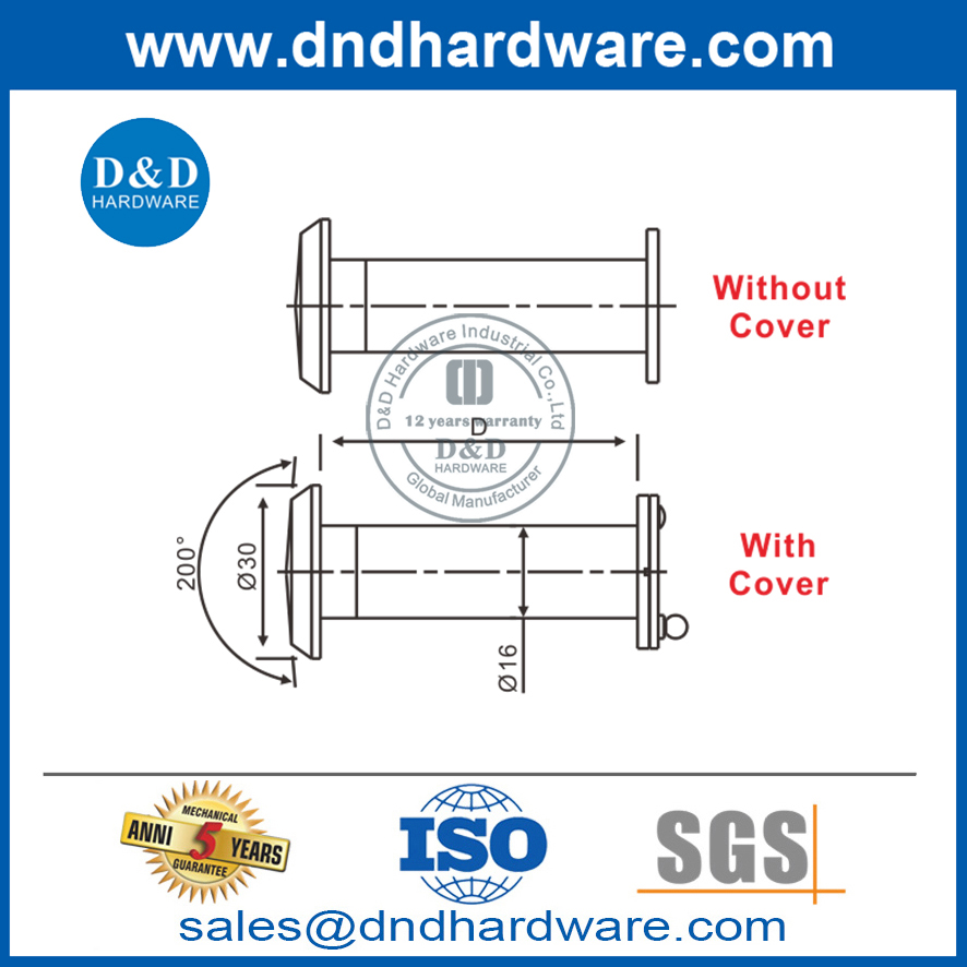 Lentille de trou d'espion en alliage de zinc Visionneuse de porte de judas à 180 degrés-DDDV005