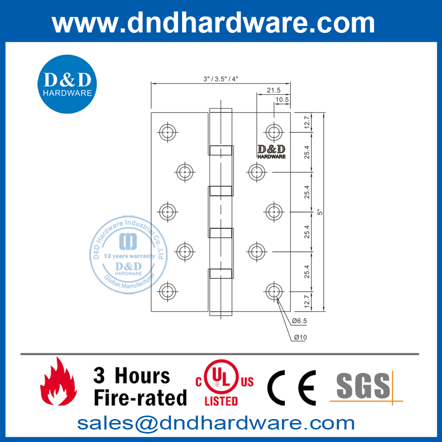 Charnière de porte coupe-feu homologuée UL SS201 de 5 pouces-DDSS007-FR