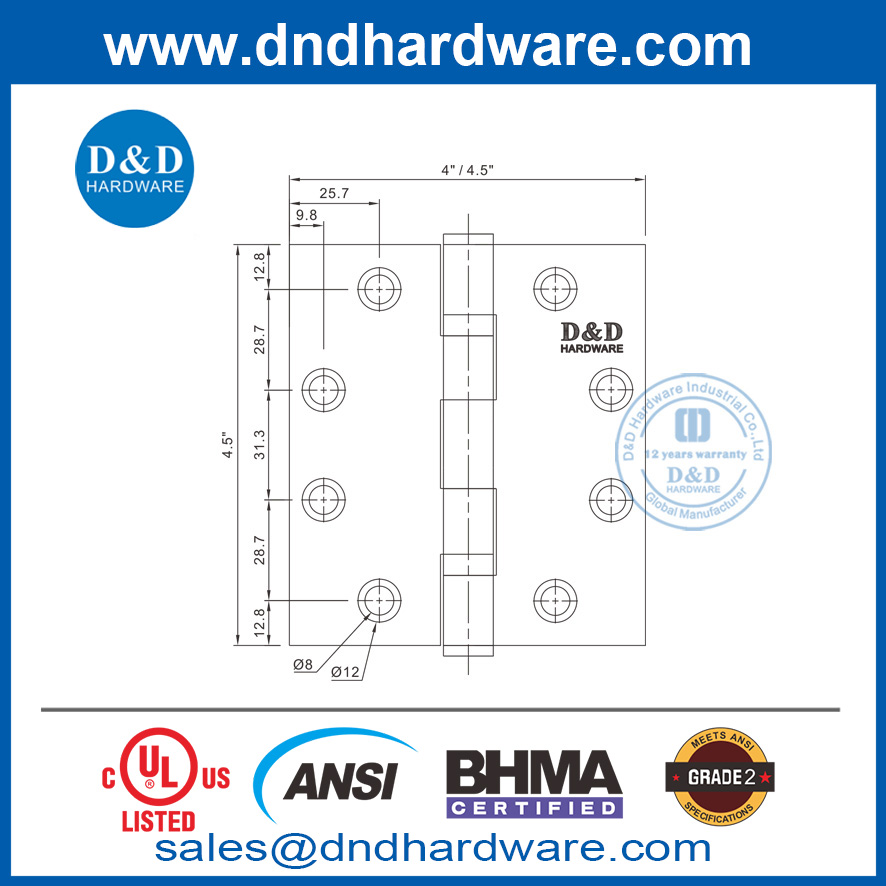 Hinges de porte intérieure BHMA en acier inoxydable UL Listé Fire nominal porte Hinge-DDSS001-ANSI-2