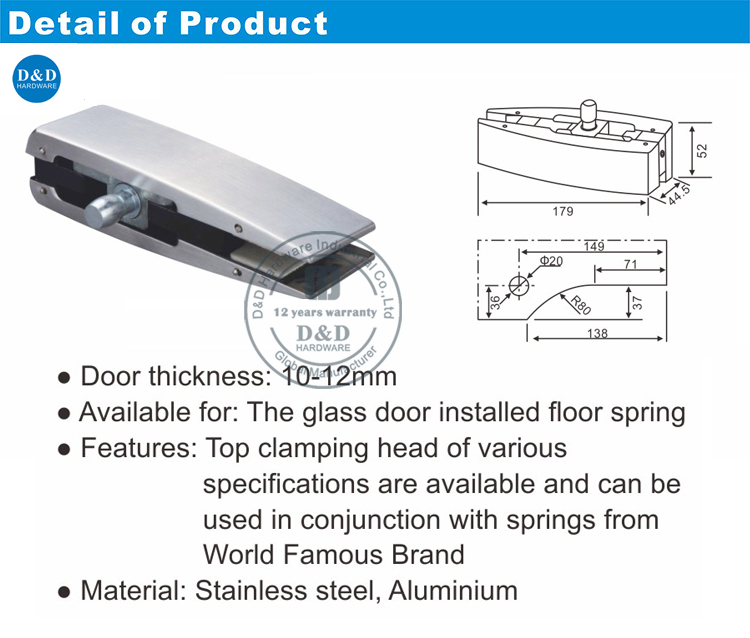 Raccord de patch de porte en verre SS316