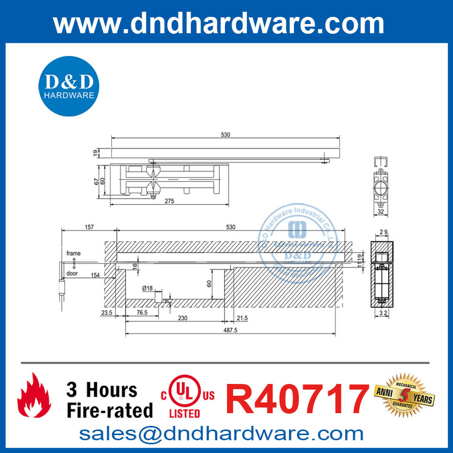 Type dissimulé en aluminium Fire de feu nominal UL Porte coulissante Closer-DDC005UL