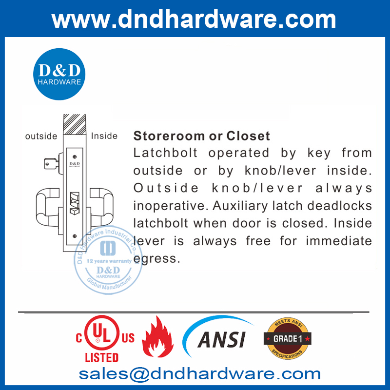 Sécurité Boulon de verrou en acier inoxydable verrouillage de porte ANSI UL MORTISE LOCKSET-DDAL07 F07