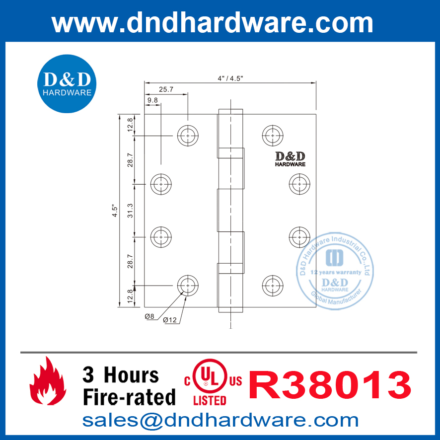Poule à billes en acier inoxydable Hornières de porte extérieures avec UL Fire Rated-DDSS002-FR-4.5x4.5x3.0