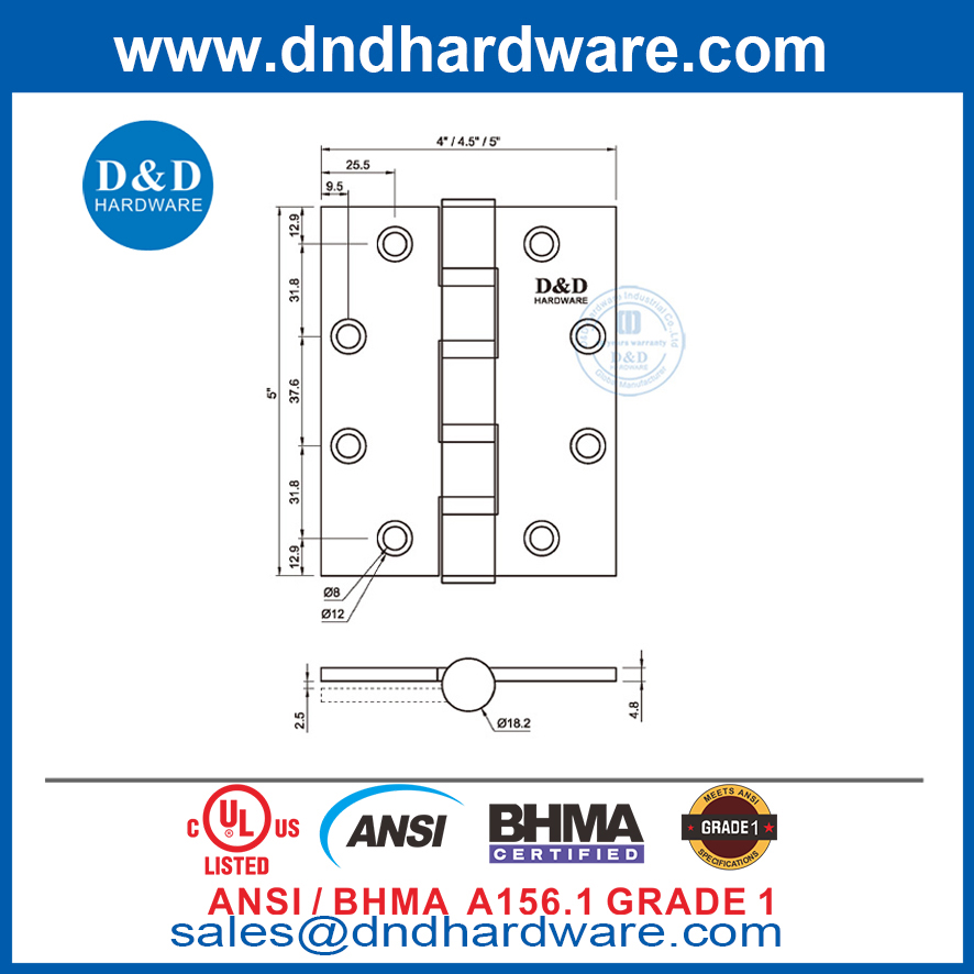 5 pouces ANSI BHMA Grade 1 Fire Door Hinges pour l'hôtel Apartment-DDSS001-ANSI-1
