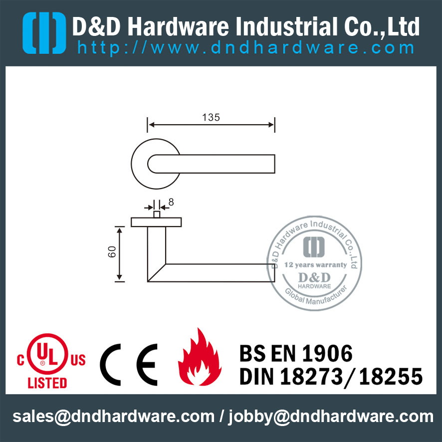 Poignée de porte à levier creux coupe-feu en acier inoxydable 201 pour porte intérieure en acier-DDTH003