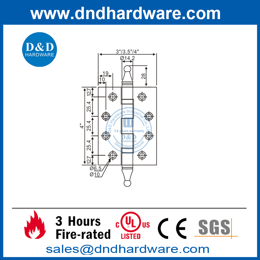 Charnière de porte en acier inoxydable de 4 pouces avec pointe en couronne-DDSS034-B