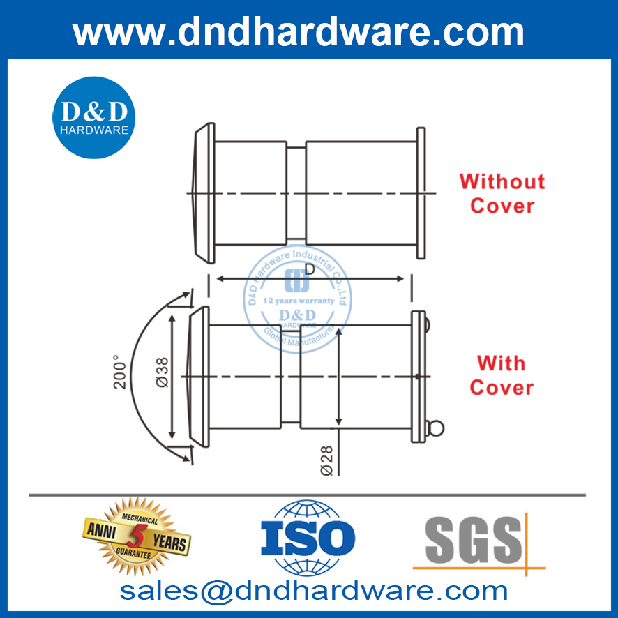 Visionneuse de judas de porte en alliage de zinc grand angle de 200 degrés avec couvercle-DDDV003