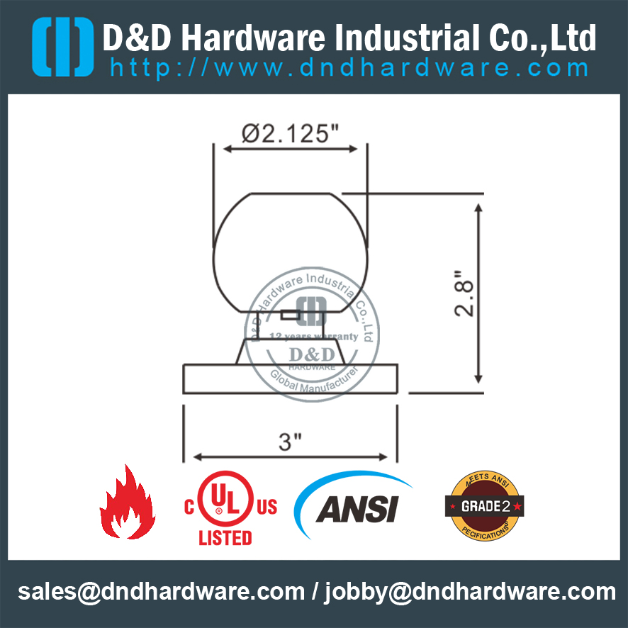 Ensemble de serrure à bouton à bille tubulaire solide ANSI Grade 2 résistant au feu 3 heures UL pour porte de bâtiment-DDLK012