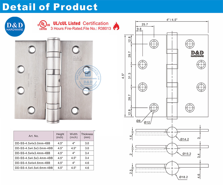 UL Hinge de porte en acier DDSS004-Fr-NRP 