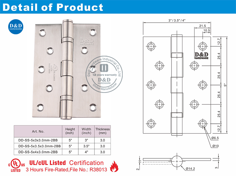 UL Listé de porte de porte Hinge-DDSS005-FR 