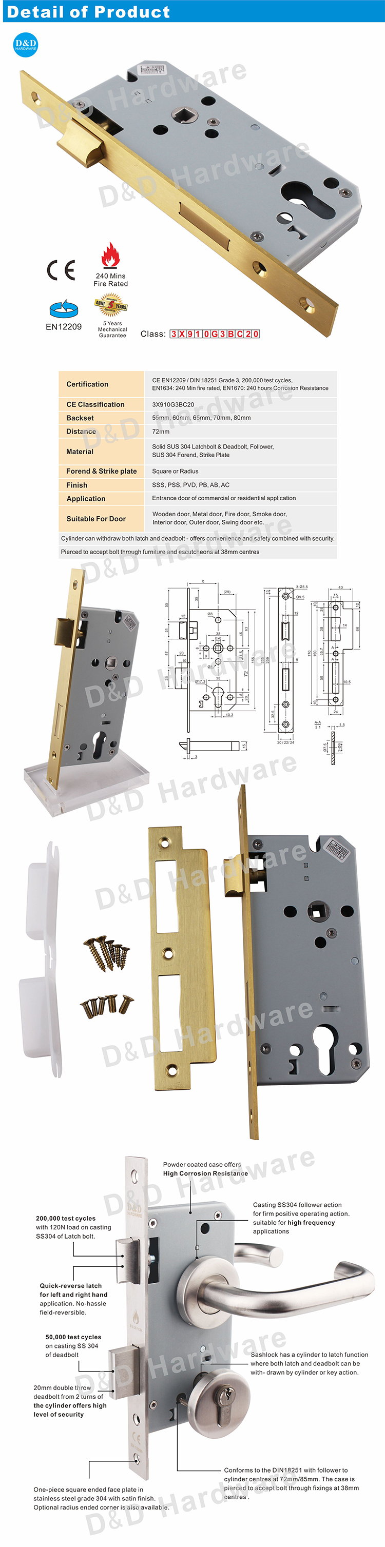 Serrure de porte de coloration en laiton poli