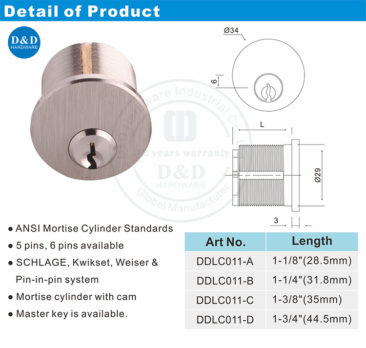 ANSI Mortise Cylinder-DDLC011-D & D
