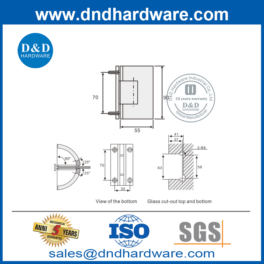 Porte en verre en acier inoxydable pivot de charnière de douche de douche porte de porte de porte-ddgh001