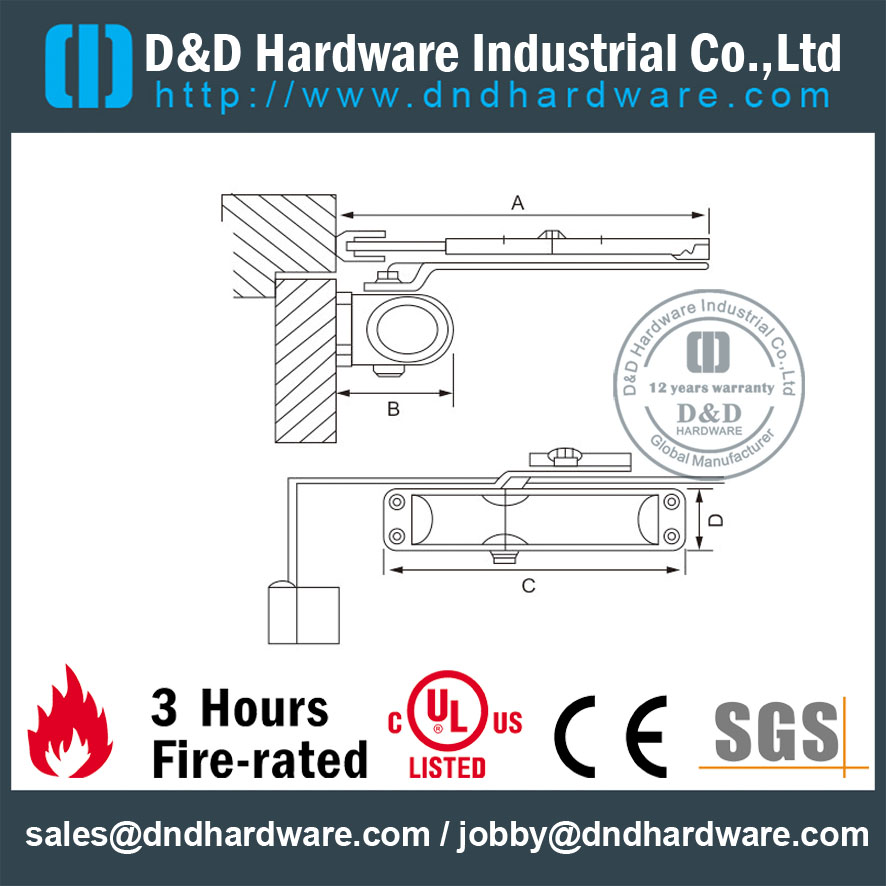 Fixation commerciale de porte coupe-feu homologuée pour bras standard de réglage pour portes métalliques internes –DDDC001