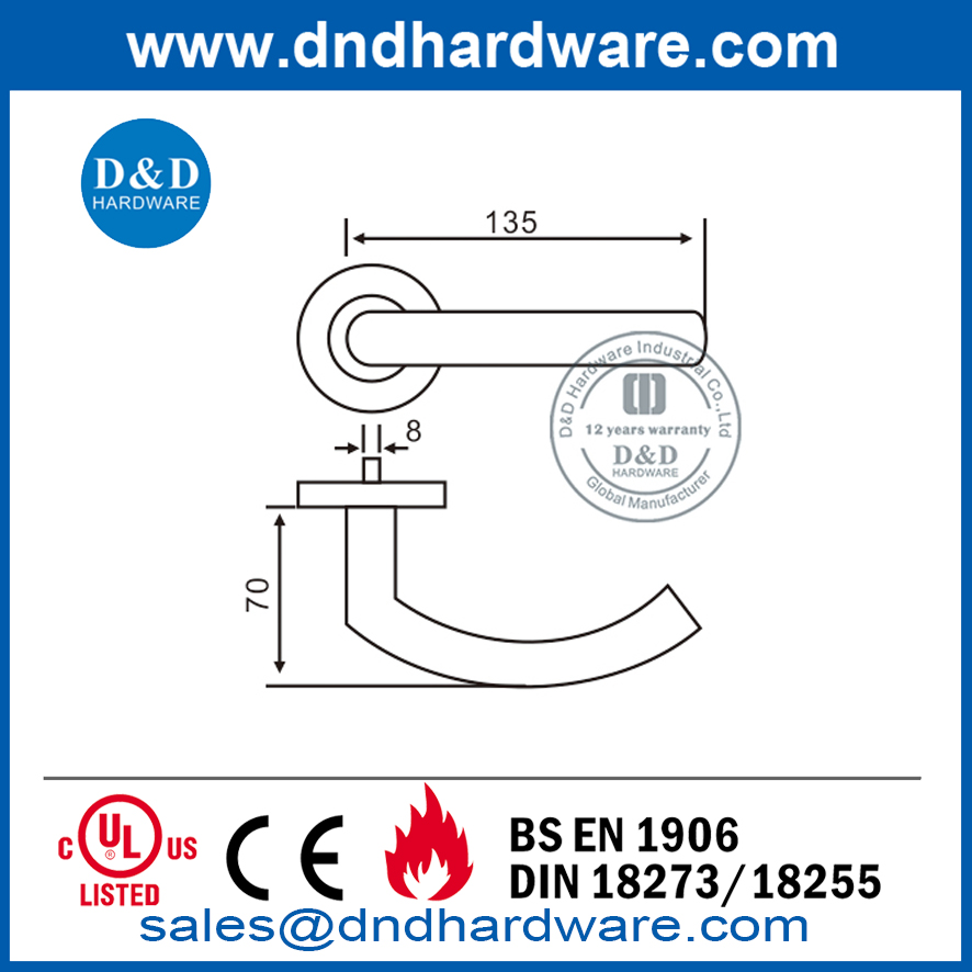 Poignée de levier de porte en métal ignifuge en acier inoxydable BS EN1906-DDTH011