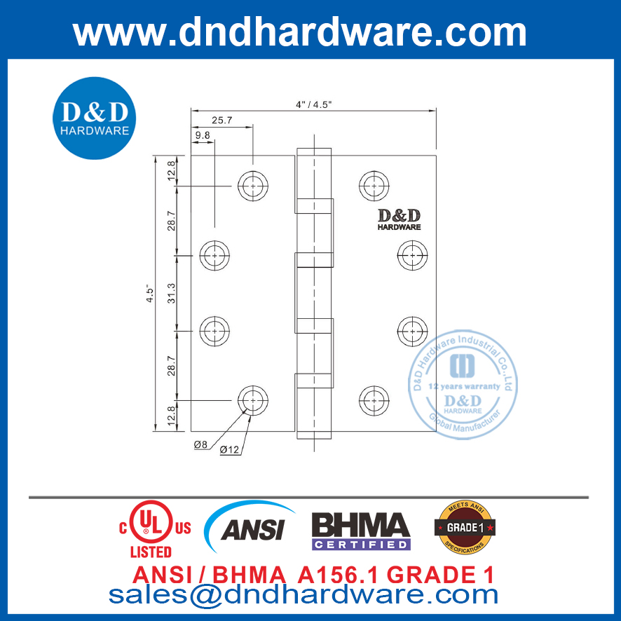 Charnière ANSI / BHMA GRADE 1 UL 4BB - 4.5x4.5x4.6mm-4BB