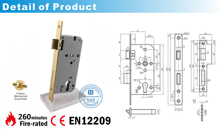Serrure Satin Brass-CE Mortiise Serrure DDML009-D & D