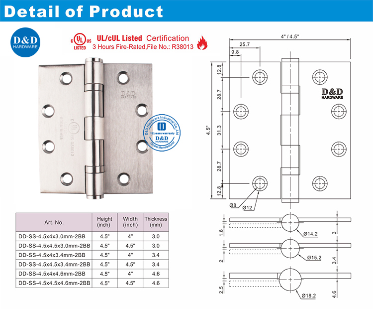 Charnière de porte en acier inoxydable-DDSS002-FR-4.5X4X3.4-D & D