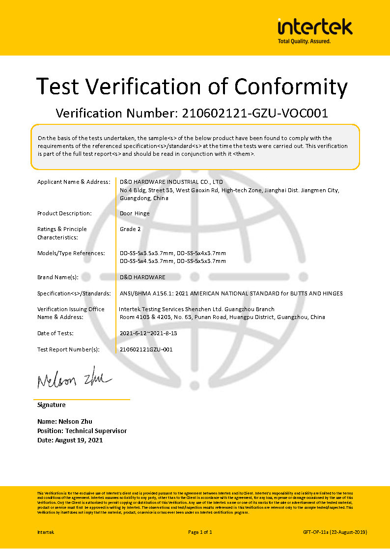 D&D Hardware -Ansi Certificat de porte de 2-5 pouces de grade Hing 