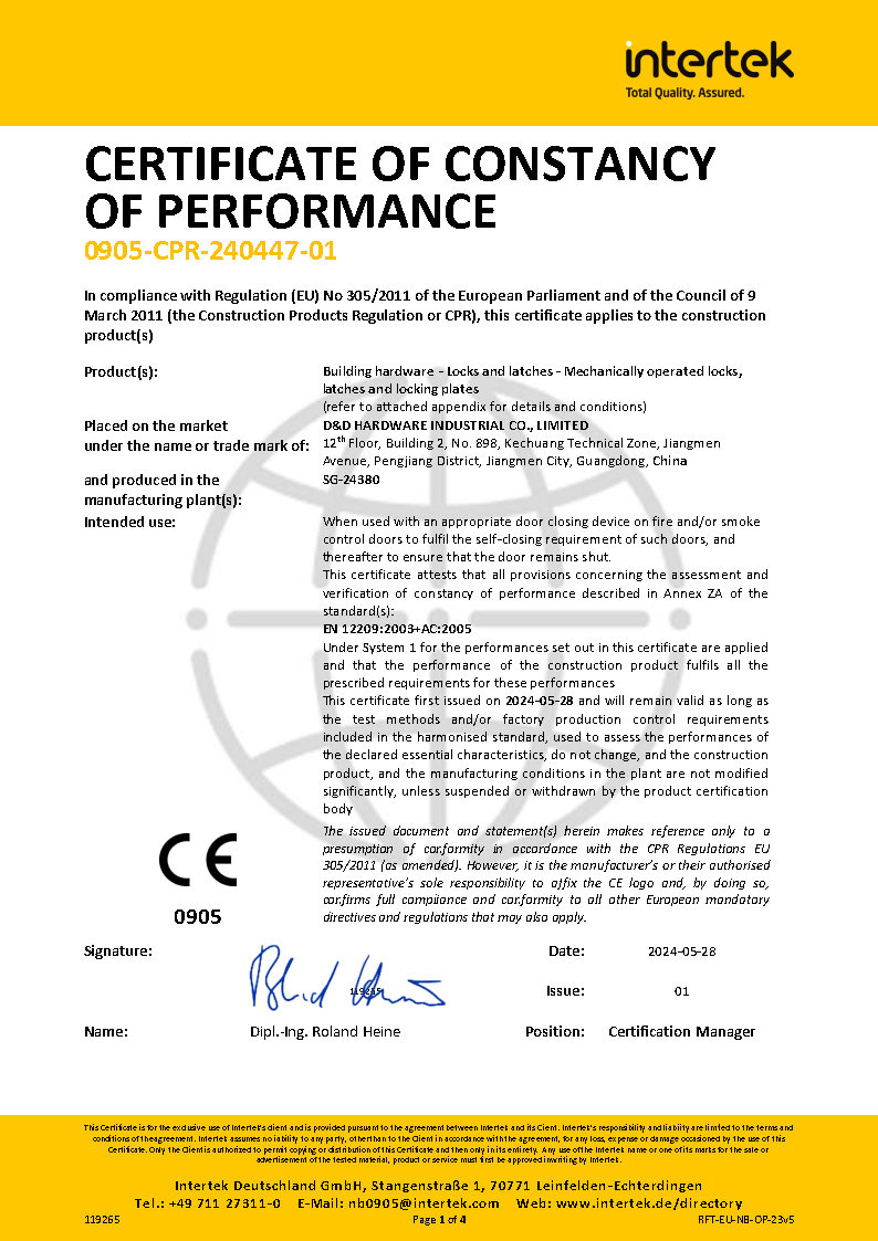 D&D Hardware- ce Certificat de verrouillage de mortaise-en12209, EN1634 Fire Resistance_Page1