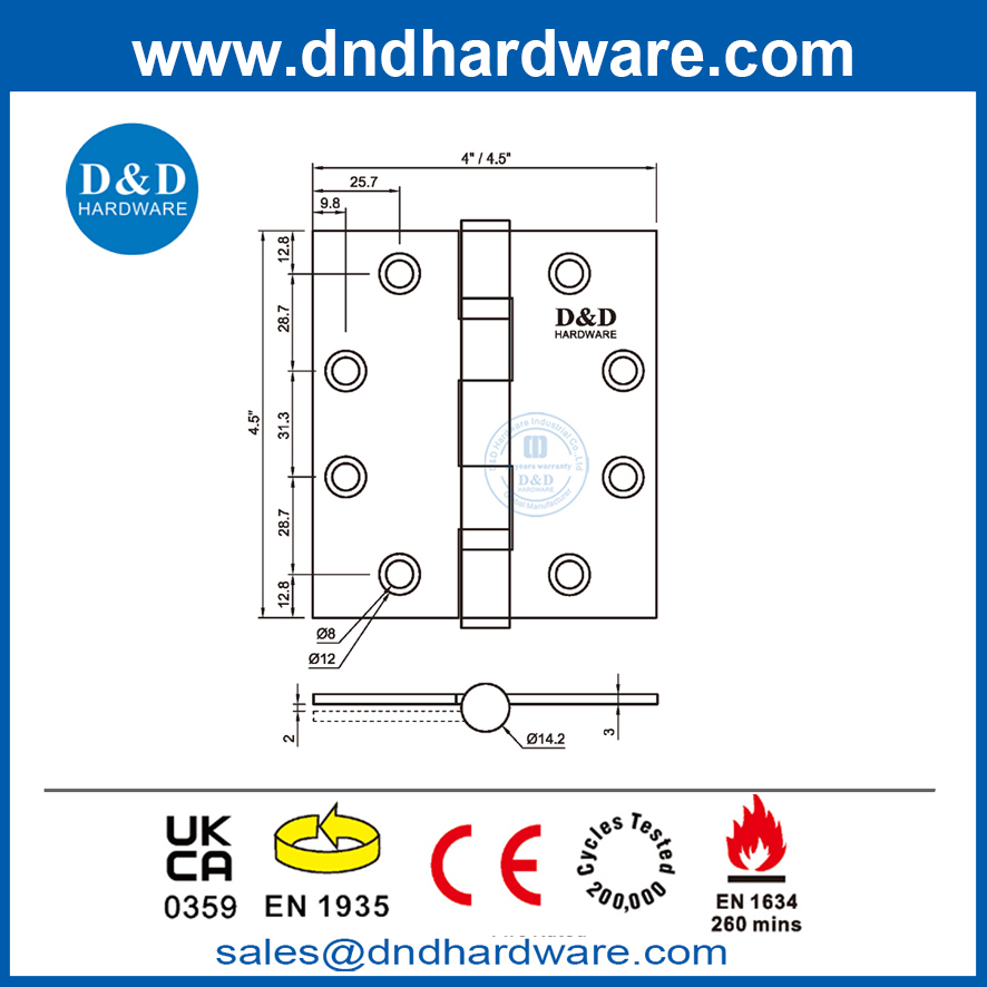 4,5 pouces BS EN1935 CE Mark Fire Fire Classé Hinge de porte pour la porte interne-DDSS001-CE