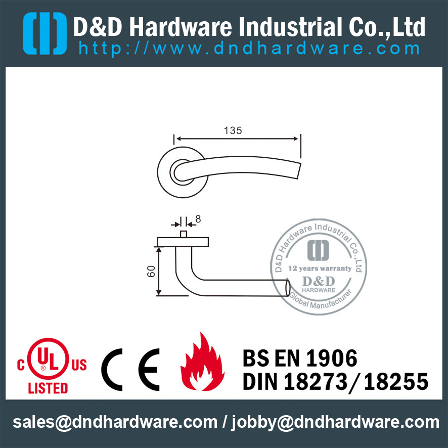 Poignée de porte à levier coupe-feu pour tube de grade 304 pour porte en acier interne avec EN1906 -DDTH006