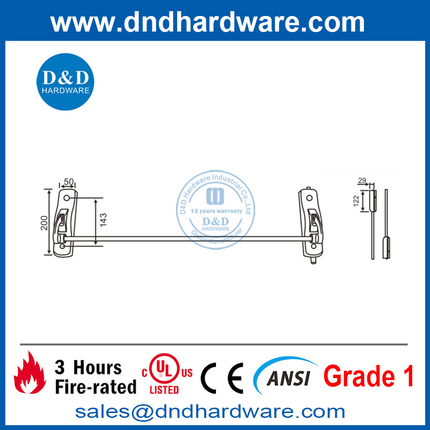 Dispositif de sortie d'incendie de grade 304 pour porte en verre-DDPD010