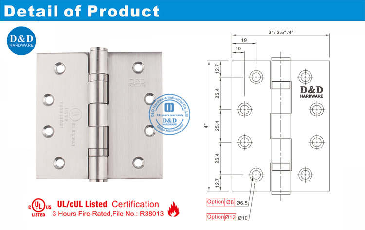 UL Metal Door Hinge DDSS001-FR-4X4X3-D & D